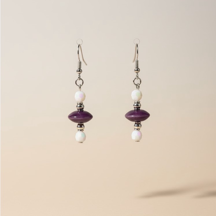 Purple And White Beaded Dangle Earrings